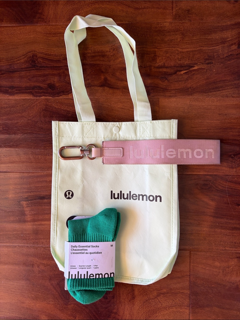 Lululemon Bundle! Mint Canvas Tote with Pink Keyfob and NWT Green Socks